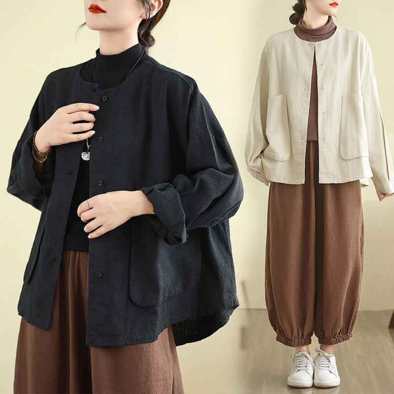 Buddha Stones Plain Design Long Sleeve Women's Jacket With Pockets