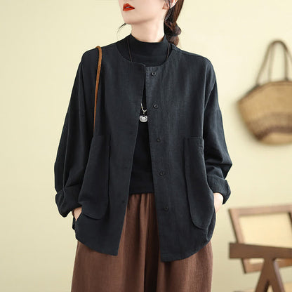 Buddha Stones Plain Design Long Sleeve Women's Jacket With Pockets