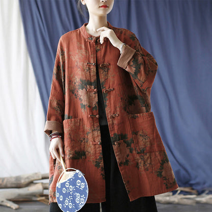 Buddha Stones Orange Peony Flower Frog-Button Open Front Jacket With Pockets