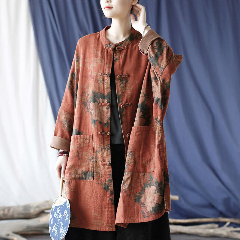 Buddha Stones Orange Peony Flower Frog-Button Open Front Jacket With Pockets