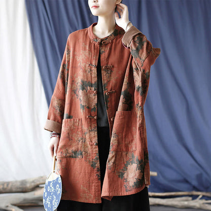 Buddha Stones Orange Peony Flower Frog-Button Open Front Jacket With Pockets