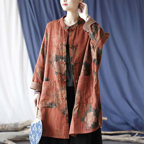 Buddha Stones Orange Peony Flower Frog-Button Open Front Jacket With Pockets