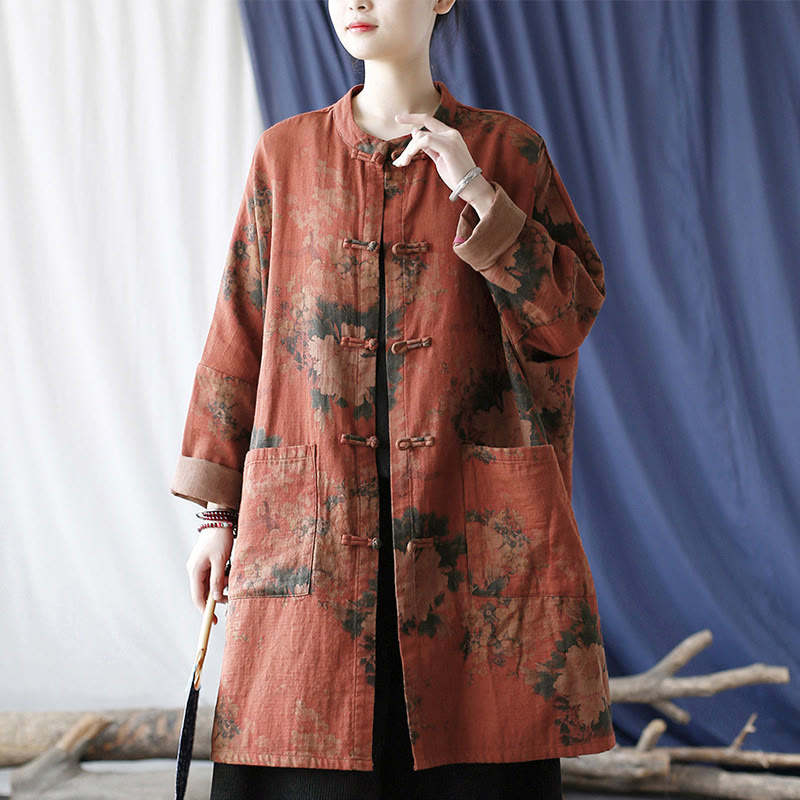 Buddha Stones Orange Peony Flower Frog-Button Open Front Jacket With Pockets