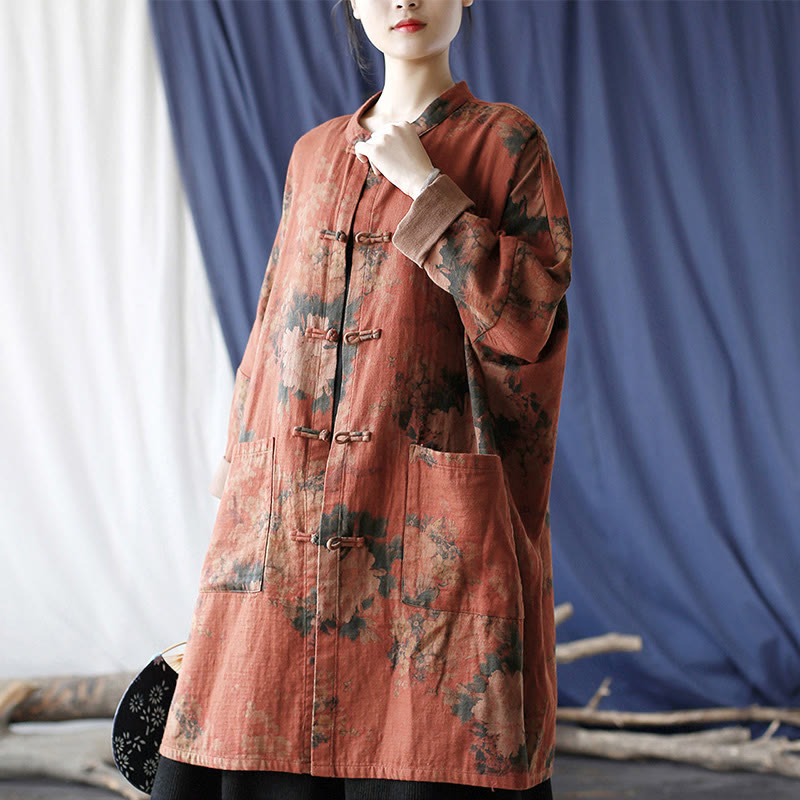 Buddha Stones Orange Peony Flower Frog-Button Open Front Jacket With Pockets