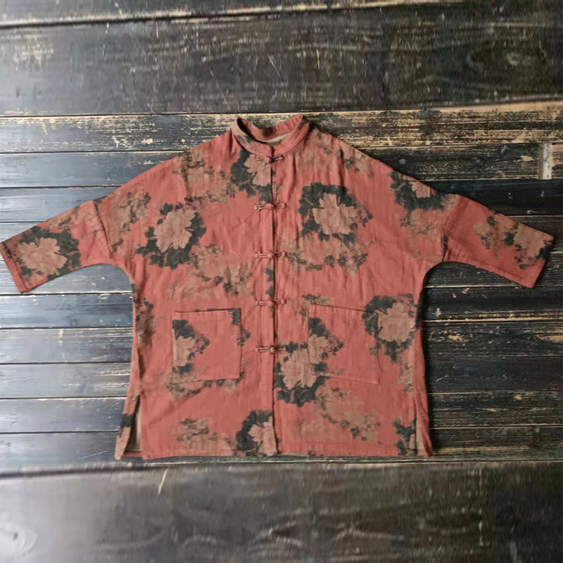 Buddha Stones Orange Peony Flower Frog-Button Open Front Jacket With Pockets