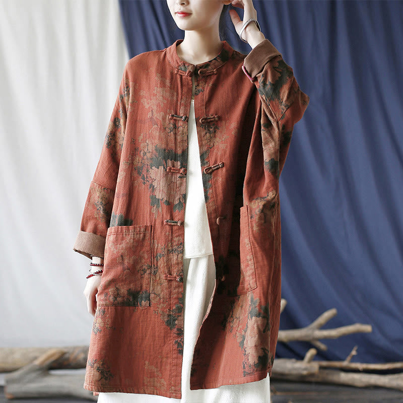 Buddha Stones Orange Peony Flower Frog-Button Open Front Jacket With Pockets