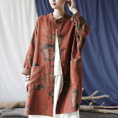 Buddha Stones Orange Peony Flower Frog-Button Open Front Jacket With Pockets