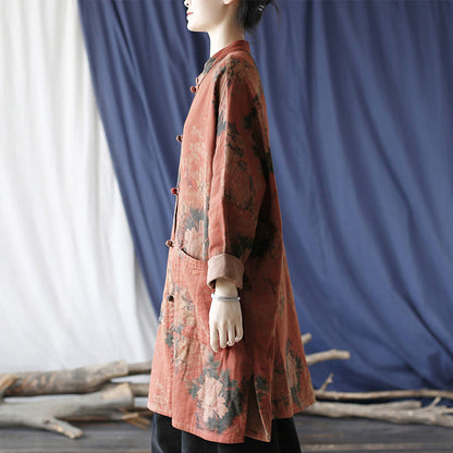 Buddha Stones Orange Peony Flower Frog-Button Open Front Jacket With Pockets