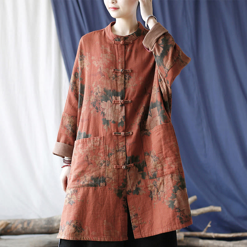 Buddha Stones Orange Peony Flower Frog-Button Open Front Jacket With Pockets