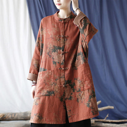 Buddha Stones Orange Peony Flower Frog-Button Open Front Jacket With Pockets