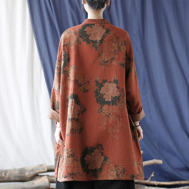 Buddha Stones Orange Peony Flower Frog-Button Open Front Jacket With Pockets