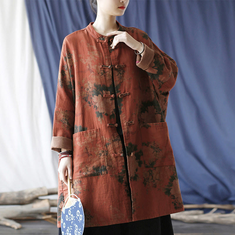 Buddha Stones Orange Peony Flower Frog-Button Open Front Jacket With Pockets