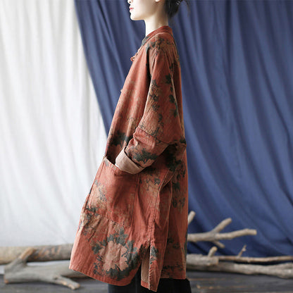 Buddha Stones Orange Peony Flower Frog-Button Open Front Jacket With Pockets
