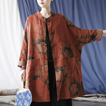 Buddha Stones Orange Peony Flower Frog-Button Open Front Jacket With Pockets
