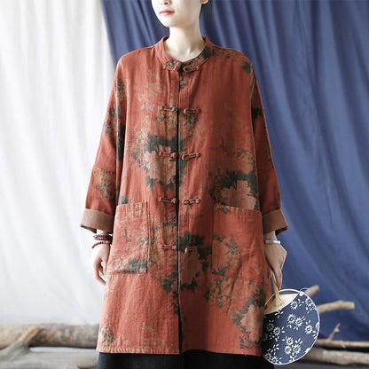 Buddha Stones Orange Peony Flower Frog-Button Open Front Jacket With Pockets
