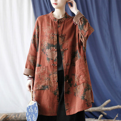 Buddha Stones Orange Peony Flower Frog-Button Open Front Jacket With Pockets
