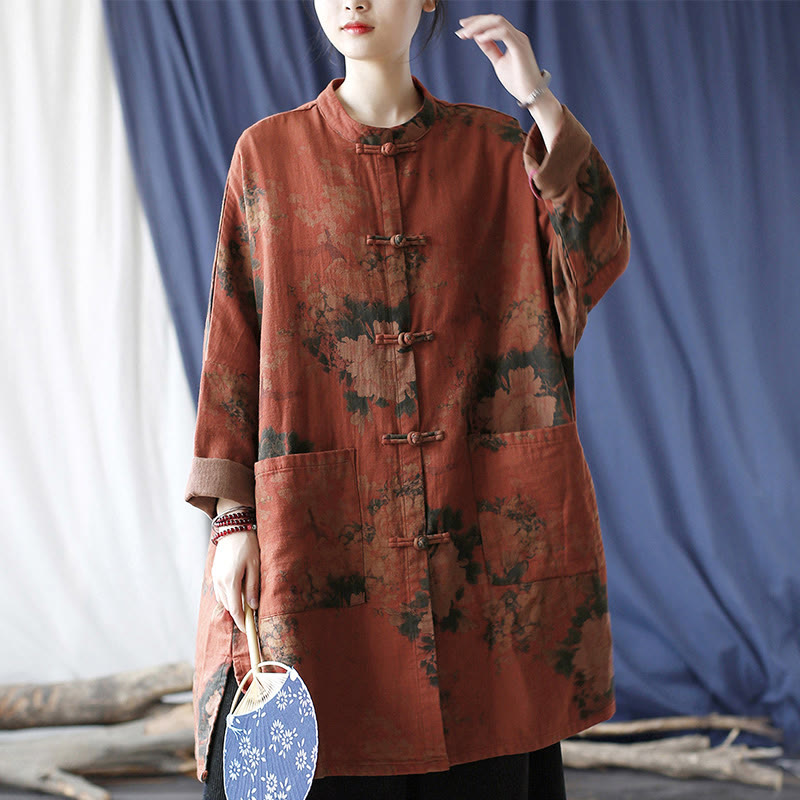 Buddha Stones Orange Peony Flower Frog-Button Open Front Jacket With Pockets