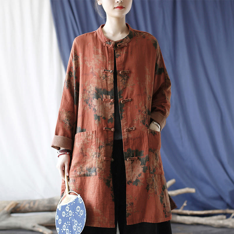 Buddha Stones Orange Peony Flower Frog-Button Open Front Jacket With Pockets