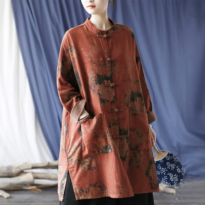 Buddha Stones Orange Peony Flower Frog-Button Open Front Jacket With Pockets