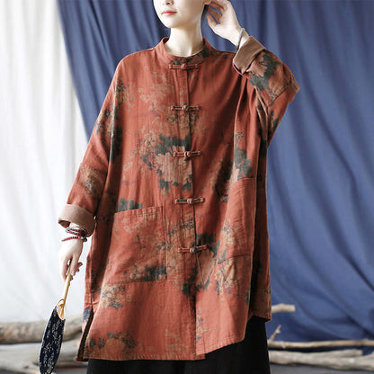 Buddha Stones Orange Peony Flower Frog-Button Open Front Jacket With Pockets