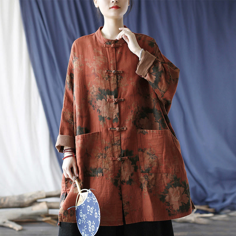Buddha Stones Orange Peony Flower Frog-Button Open Front Jacket With Pockets