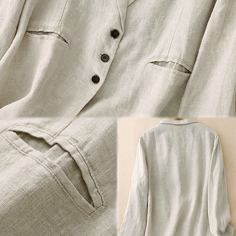 Buddha Stones Commute Retro Pure Color Lapel Women's Jacket With Pockets