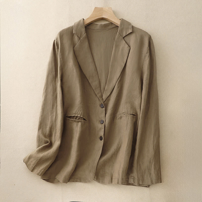 Buddha Stones Commute Retro Pure Color Lapel Women's Jacket With Pockets