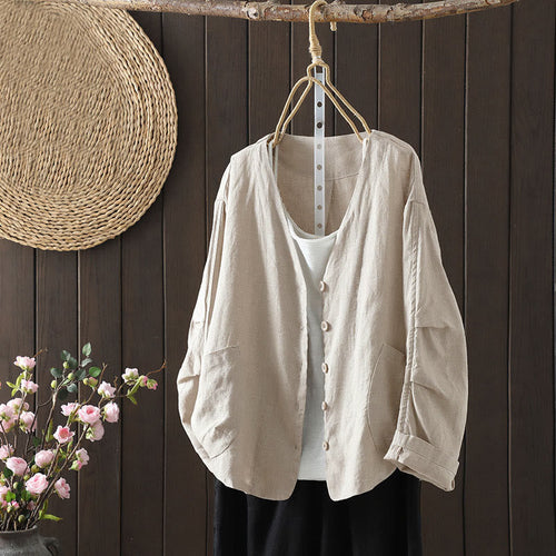 Buddha Stones Pure Color V-neck Women's Jacket With Pockets