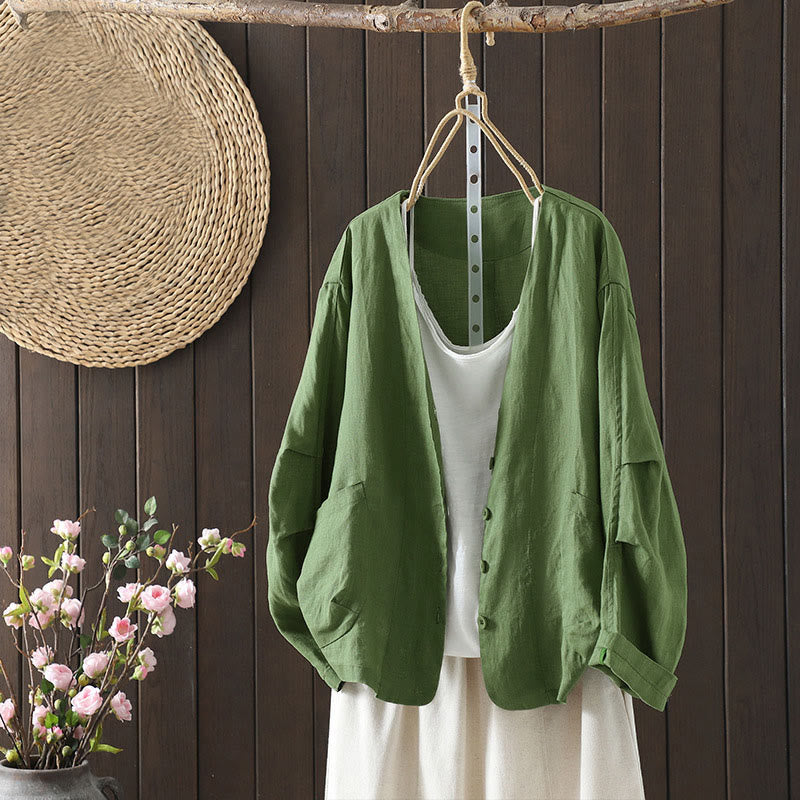 Buddha Stones Pure Color V-neck Women's Jacket With Pockets