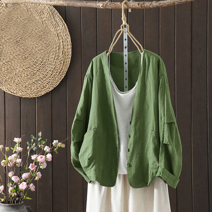 Buddha Stones Pure Color V-neck Women's Jacket With Pockets