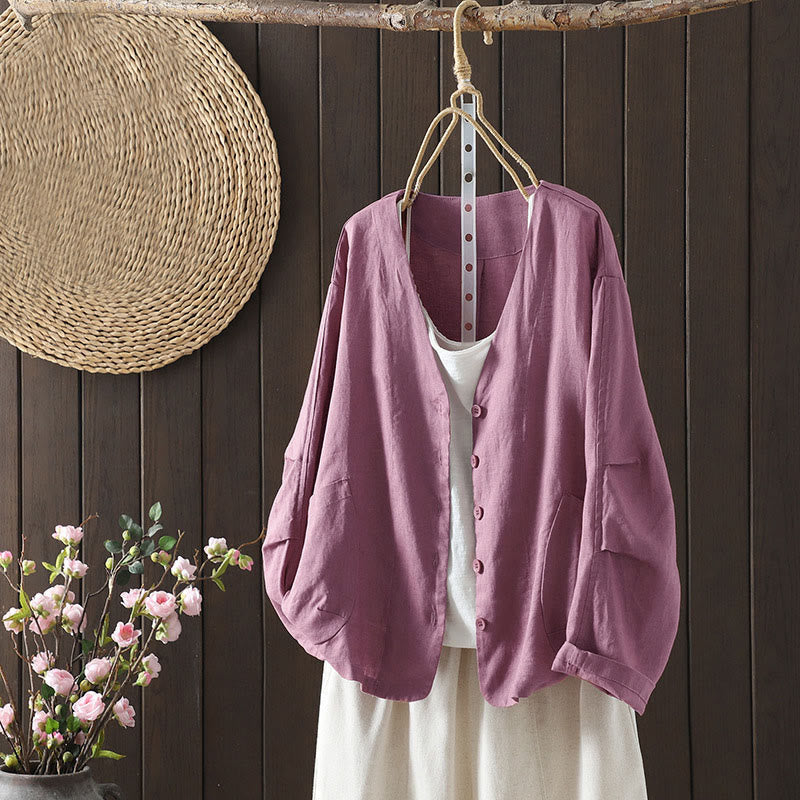 Buddha Stones Pure Color V-neck Women's Jacket With Pockets