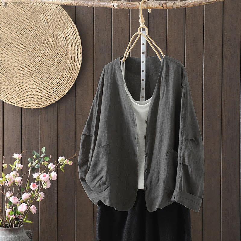 Buddha Stones Pure Color V-neck Women's Jacket With Pockets