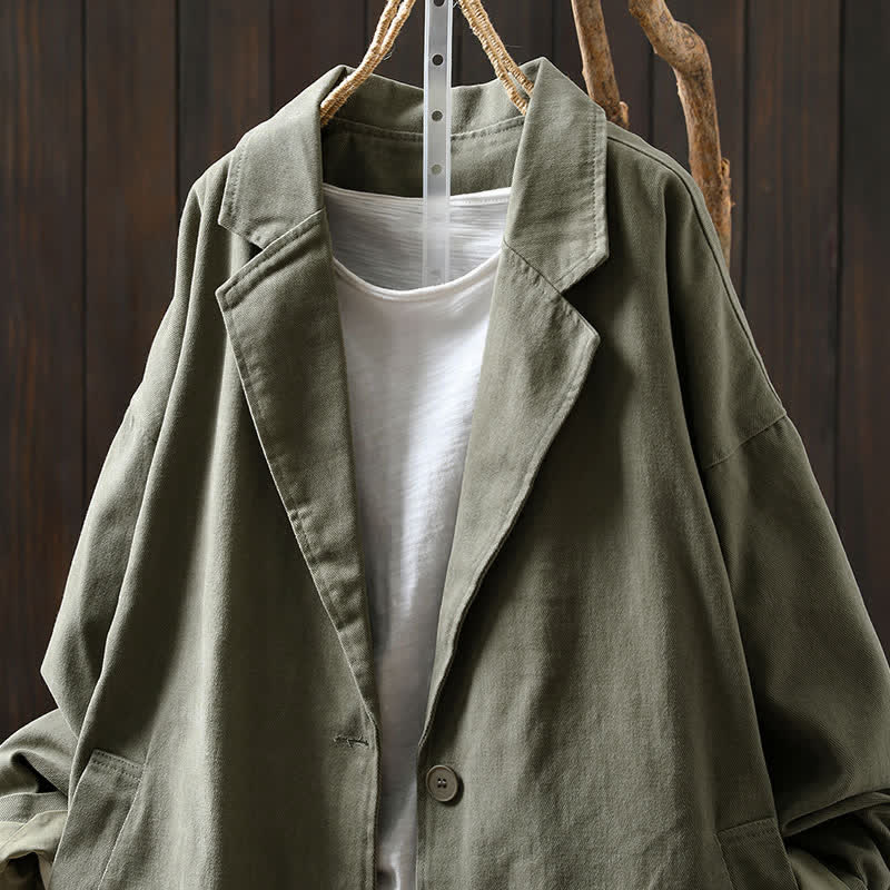 Buddha Stones Spring Fall Buttons Lapel Collar Long Sleeve Mid-length Women's Jacket With Pockets