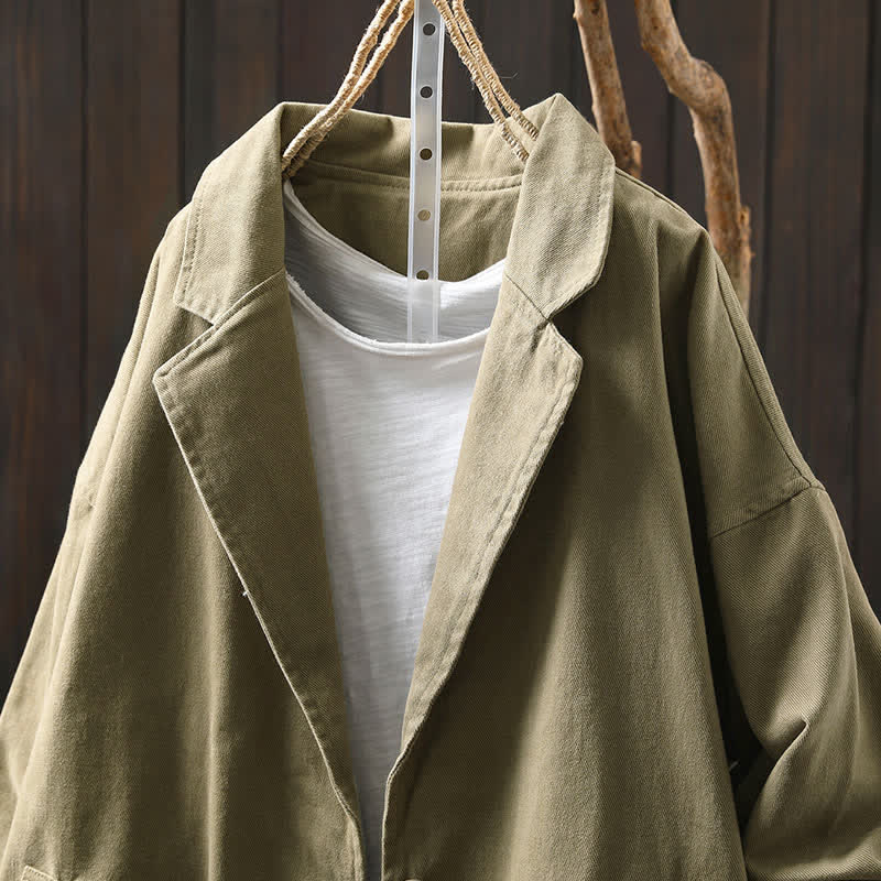Buddha Stones Spring Fall Buttons Lapel Collar Long Sleeve Mid-length Women's Jacket With Pockets