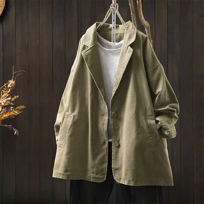 Buddha Stones Spring Fall Buttons Lapel Collar Long Sleeve Mid-length Women's Jacket With Pockets