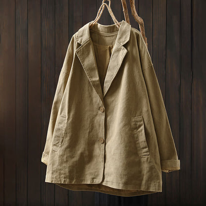 Buddha Stones Spring Fall Buttons Lapel Collar Long Sleeve Mid-length Women's Jacket With Pockets