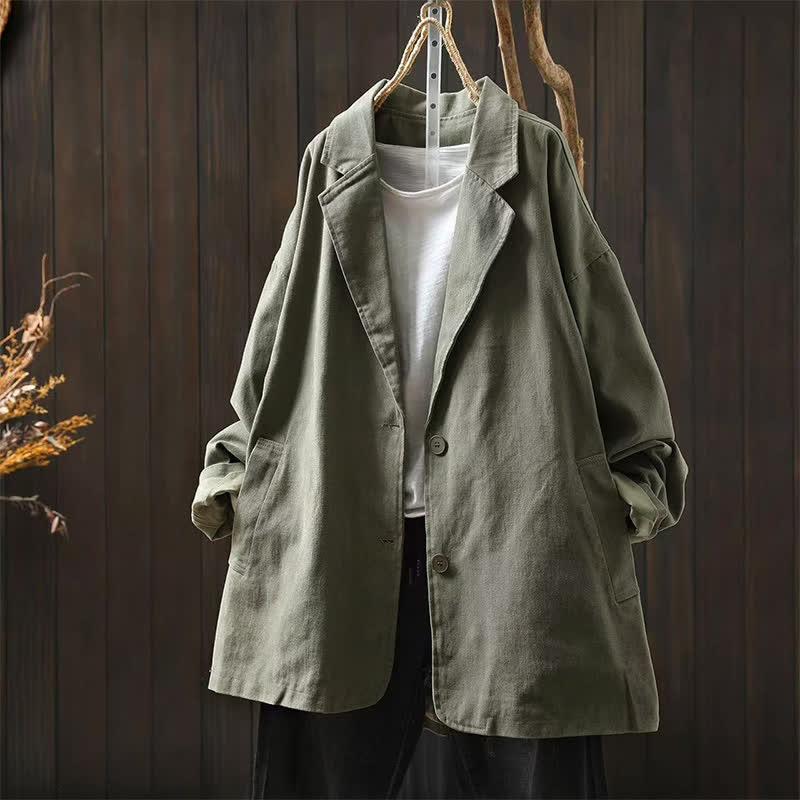 Buddha Stones Spring Fall Buttons Lapel Collar Long Sleeve Mid-length Women's Jacket With Pockets