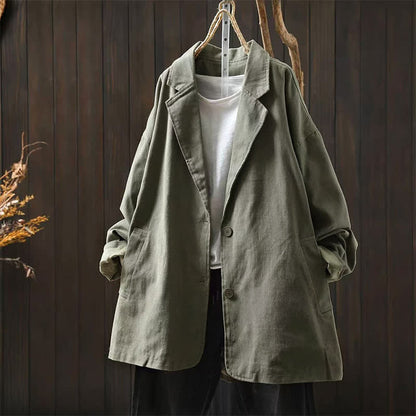 Buddha Stones Spring Fall Buttons Lapel Collar Long Sleeve Mid-length Women's Jacket With Pockets