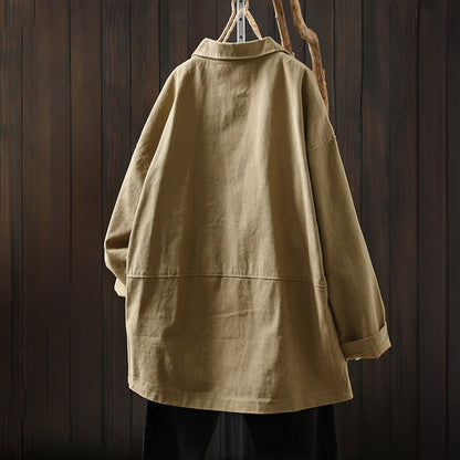 Buddha Stones Spring Fall Buttons Lapel Collar Long Sleeve Mid-length Women's Jacket With Pockets