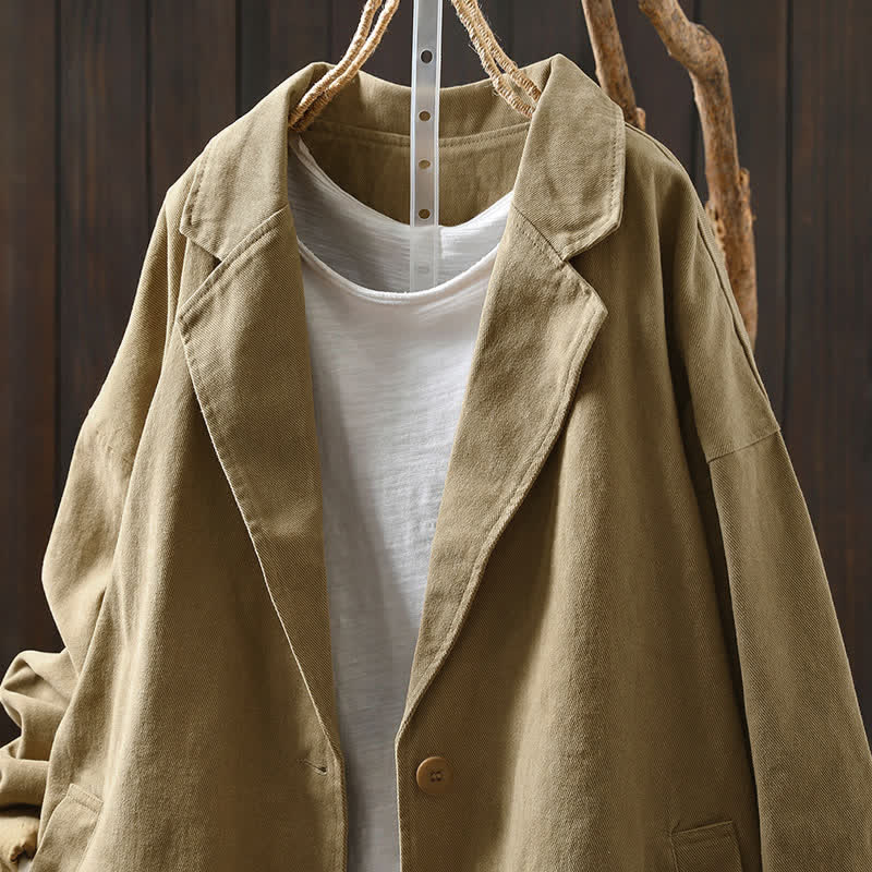 Buddha Stones Spring Fall Buttons Lapel Collar Long Sleeve Mid-length Women's Jacket With Pockets