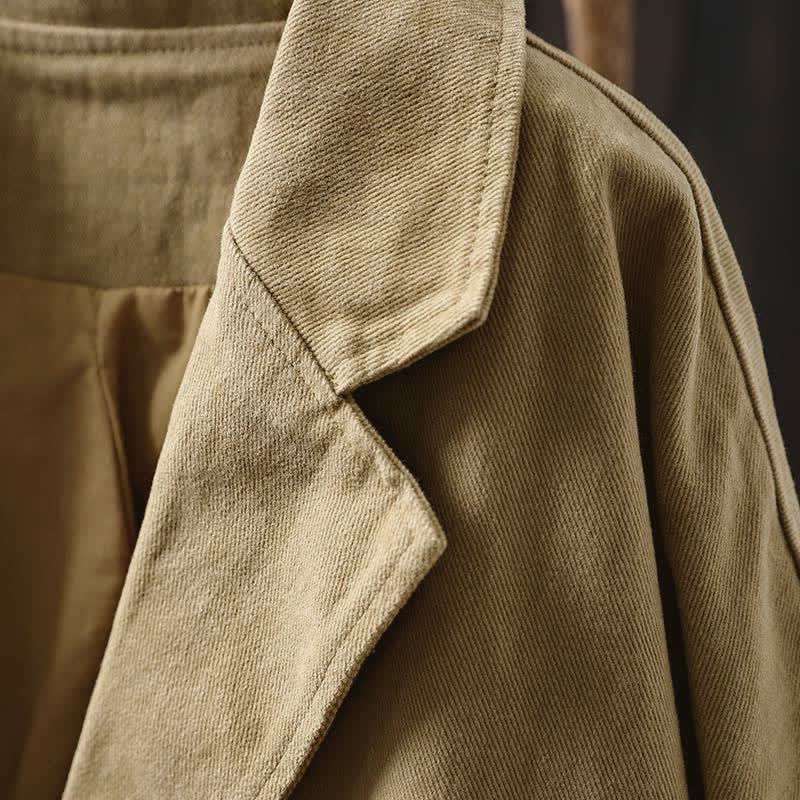 Buddha Stones Spring Fall Buttons Lapel Collar Long Sleeve Mid-length Women's Jacket With Pockets