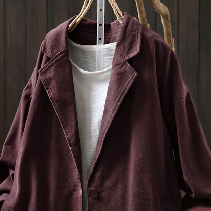 Buddha Stones Spring Fall Buttons Lapel Collar Long Sleeve Mid-length Women's Jacket With Pockets