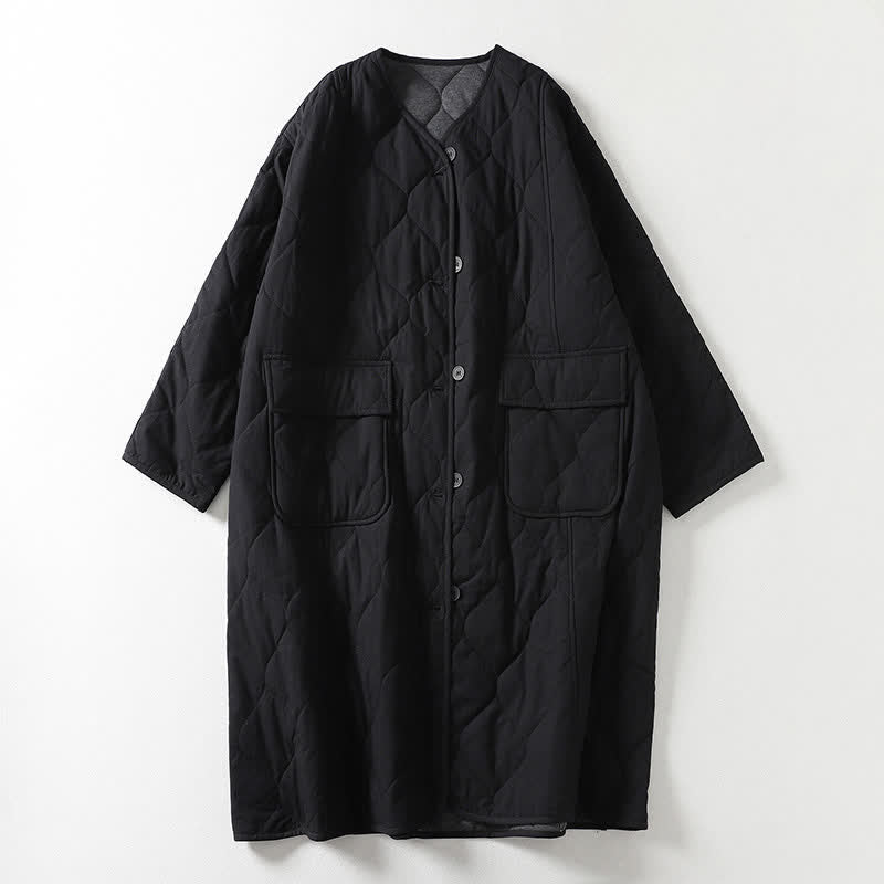 Buddha Stones Plain Buttons V-Neck Long Sleeve Women's Cotton Coat With Pockets