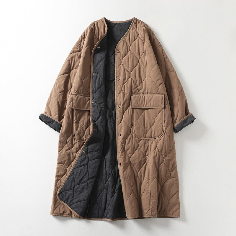 Buddha Stones Plain Buttons V-Neck Long Sleeve Women's Cotton Coat With Pockets