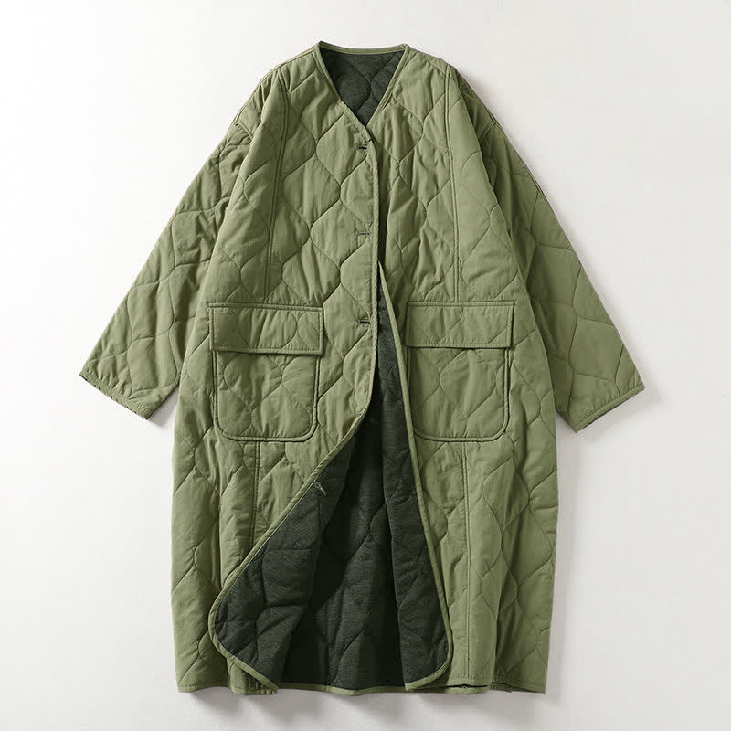 Buddha Stones Plain Buttons V-Neck Long Sleeve Women's Cotton Coat With Pockets