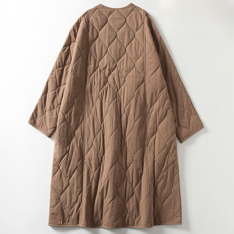 Buddha Stones Plain Buttons V-Neck Long Sleeve Women's Cotton Coat With Pockets