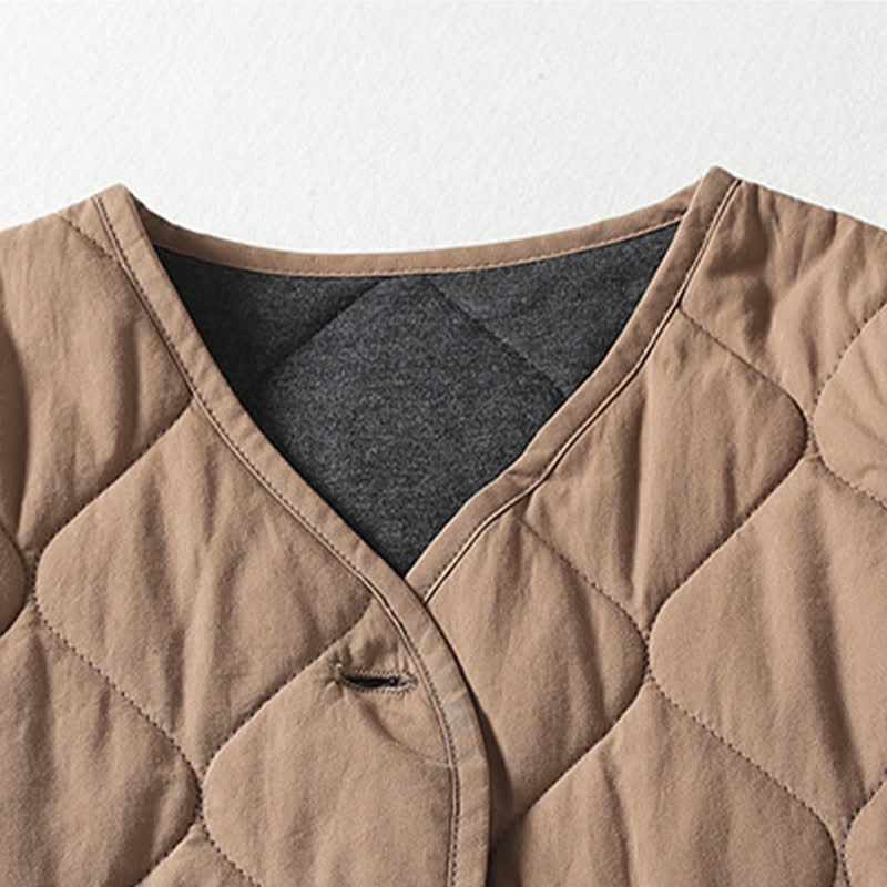 Buddha Stones Plain Buttons V-Neck Long Sleeve Women's Cotton Coat With Pockets