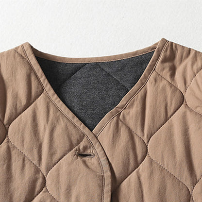 Buddha Stones Plain Buttons V-Neck Long Sleeve Women's Cotton Coat With Pockets