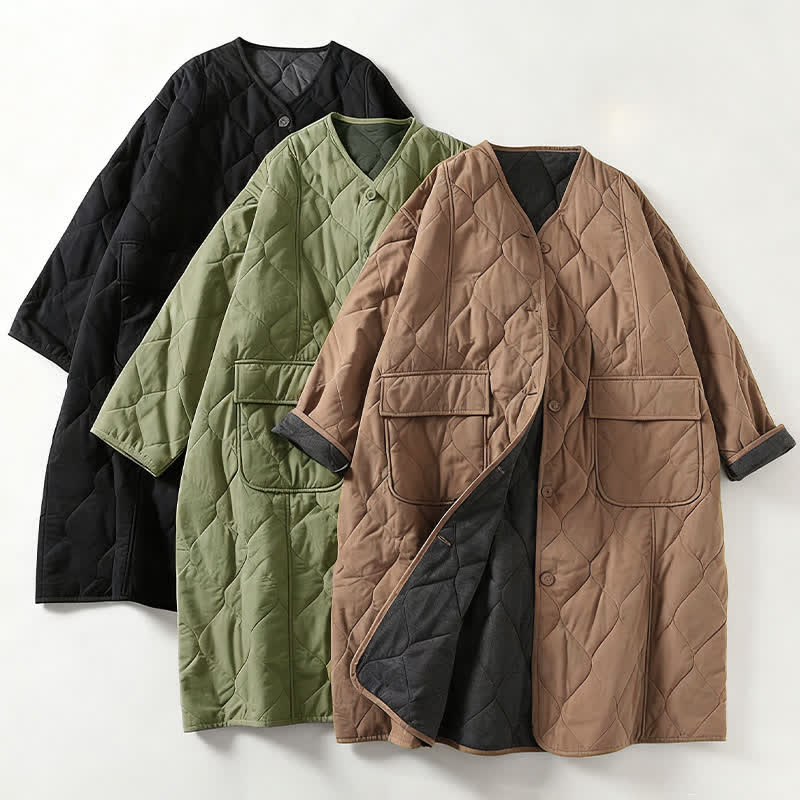Buddha Stones Plain Buttons V-Neck Long Sleeve Women's Cotton Coat With Pockets