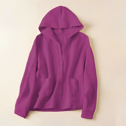 Buddha Stones Plain Buttons Women's Hooded Jacket With Pockets